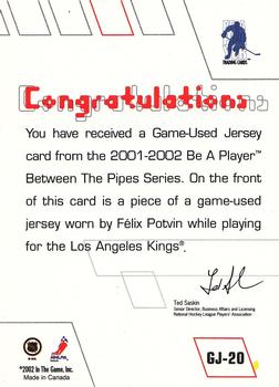 2001-02 Be a Player Between the Pipes - Jerseys #GJ-20 Felix Potvin Back