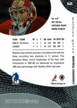 2001-02 Be a Player Between the Pipes - NHL All-Star Fantasy #12 Mathieu Garon Back