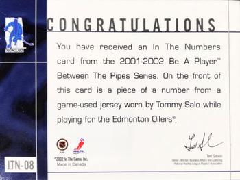 2001-02 Be a Player Between the Pipes - In The Numbers #ITN-08 Tommy Salo Back