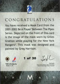 2001-02 Be a Player Between the Pipes - The Mask Gold #NNO Gilles Gratton Back