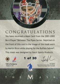 2001-02 Be a Player Between the Pipes - The Mask Gold #NNO Martin Biron Back