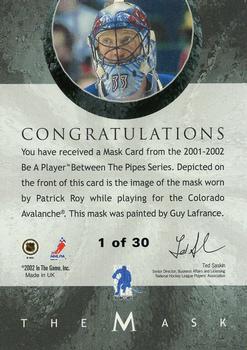 2001-02 Be a Player Between the Pipes - The Mask Gold #NNO Patrick Roy Back