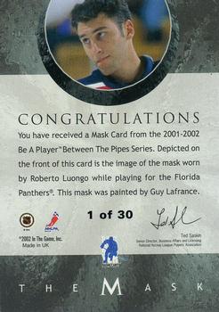 2001-02 Be a Player Between the Pipes - The Mask Gold #NNO Roberto Luongo Back