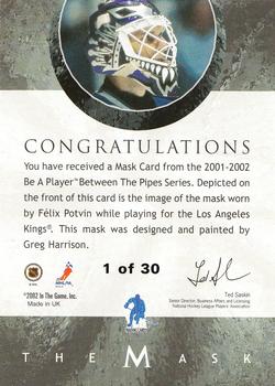 2001-02 Be a Player Between the Pipes - The Mask Gold #NNO Felix Potvin Back