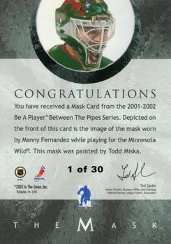 2001-02 Be a Player Between the Pipes - The Mask Gold #NNO Manny Fernandez Back