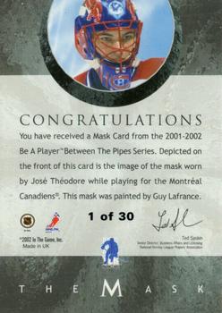 2001-02 Be a Player Between the Pipes - The Mask Gold #NNO Jose Theodore Back