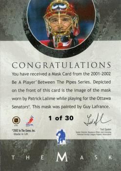2001-02 Be a Player Between the Pipes - The Mask Gold #NNO Patrick Lalime Back