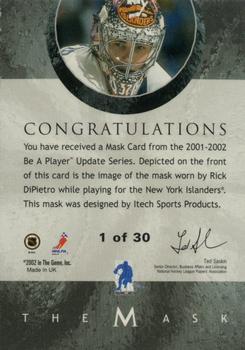 2001-02 Be a Player Between the Pipes - The Mask Gold #NNO Rick Dipietro Back