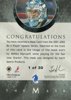 2001-02 Be a Player Between the Pipes - The Mask Gold #NNO Miikka Kiprusoff Back