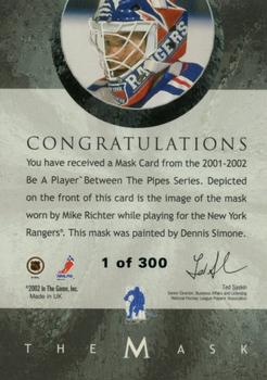 2001-02 Be a Player Between the Pipes - The Mask Silver #NNO Mike Richter Back