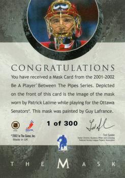 2001-02 Be a Player Between the Pipes - The Mask Silver #NNO Patrick Lalime Back