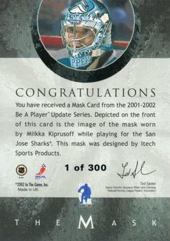 2001-02 Be a Player Between the Pipes - The Mask Silver #NNO Miikka Kiprusoff Back