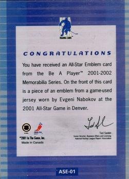 2001-02 Be a Player Memorabilia - All-Star Emblems #ASE-1 Evgeni Nabokov Back