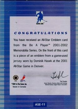 2001-02 Be a Player Memorabilia - All-Star Emblems #ASE-11 Dominik Hasek Back