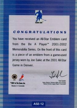2001-02 Be a Player Memorabilia - All-Star Emblems #ASE-12 Joe Sakic Back