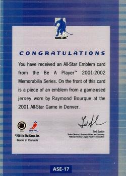 2001-02 Be a Player Memorabilia - All-Star Emblems #ASE-17 Ray Bourque Back