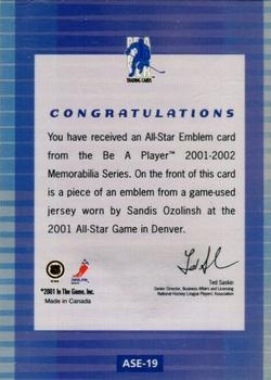 2001-02 Be a Player Memorabilia - All-Star Emblems #ASE-19 Sandis Ozolinsh Back