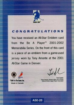 2001-02 Be a Player Memorabilia - All-Star Emblems #ASE-20 Tony Amonte Back