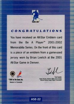 2001-02 Be a Player Memorabilia - All-Star Emblems #ASE-22 Brian Leetch Back