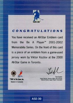 2001-02 Be a Player Memorabilia - All-Star Emblems #ASE-30 Viktor Kozlov Back