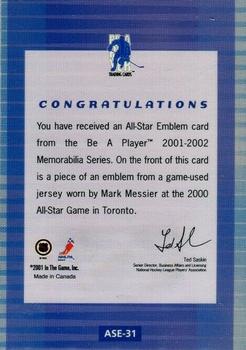 2001-02 Be a Player Memorabilia - All-Star Emblems #ASE-31 Mark Messier Back