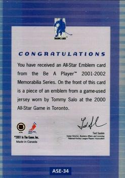 2001-02 Be a Player Memorabilia - All-Star Emblems #ASE-34 Tommy Salo Back