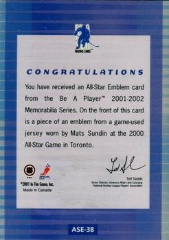 2001-02 Be a Player Memorabilia - All-Star Emblems #ASE-38 Mats Sundin Back