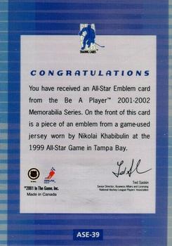 2001-02 Be a Player Memorabilia - All-Star Emblems #ASE-39 Nikolai Khabibulin Back
