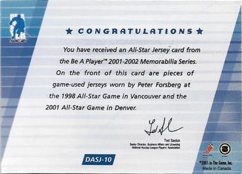 2001-02 Be a Player Memorabilia - All-Star Jersey Doubles #DASJ-10 Peter Forsberg Back