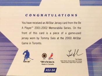 2001-02 Be a Player Memorabilia - All-Star Jerseys #ASJ-34 Tommy Salo Back