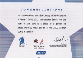 2001-02 Be a Player Memorabilia - All-Star Jerseys #ASJ-38 Mats Sundin Back