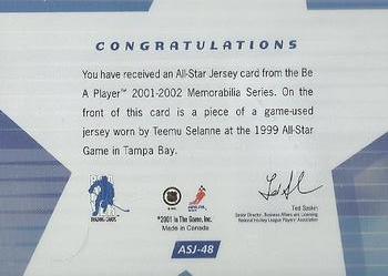 2001-02 Be a Player Memorabilia - All-Star Jerseys #ASJ-48 Teemu Selanne Back