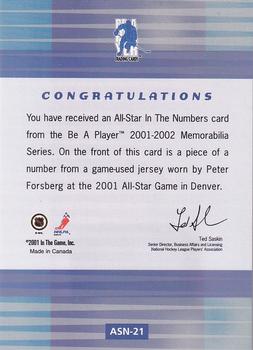 2001-02 Be a Player Memorabilia - All-Star In The Numbers #ASN-21 Peter Forsberg Back