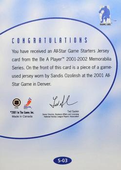 2001-02 Be a Player Memorabilia - All-Star Game Starters #S-03 Sandis Ozolinsh Back