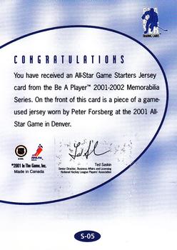 2001-02 Be a Player Memorabilia - All-Star Game Starters #S-05 Peter Forsberg Back