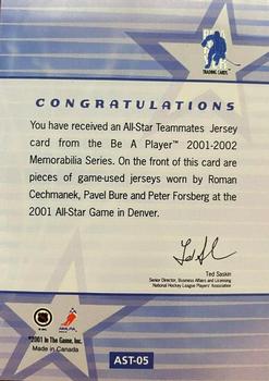 2001-02 Be a Player Memorabilia - All-Star Teammates #AST-5 Roman Cechmanek / Pavel Bure / Peter Forsberg Back