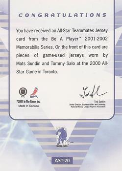 2001-02 Be a Player Memorabilia - All-Star Teammates #AST-20 Mats Sundin / Tommy Salo Back