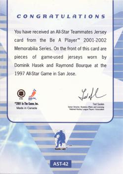 2001-02 Be a Player Memorabilia - All-Star Teammates #AST-42 Dominik Hasek / Ray Bourque Back