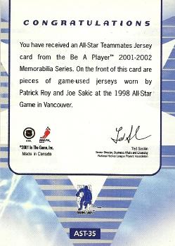 2001-02 Be a Player Memorabilia - All-Star Teammates #AST-35 Patrick Roy / Joe Sakic Back