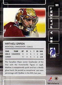 2001-02 Be a Player Memorabilia - Chicago Sun-Times Ruby #181 Mathieu Garon Back