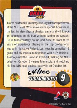 2001-02 Be a Player Memorabilia - Draft Redemption Exchange #9 Tuomo Ruutu Back