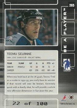 2001-02 Be a Player Memorabilia - Sapphire #265 Teemu Selanne Back