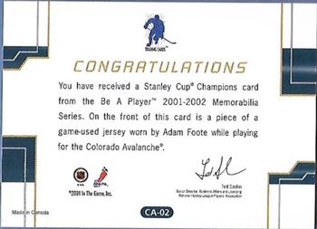 2001-02 Be a Player Memorabilia - Stanley Cup Champions #CA-02 Adam Foote Back