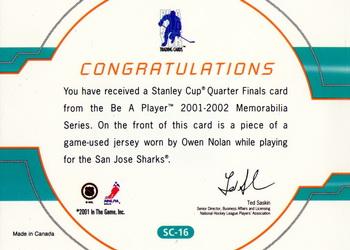 2001-02 Be a Player Memorabilia - Stanley Cup Playoffs #SC-16 Owen Nolan Back