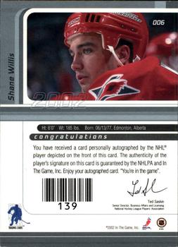 2001-02 Be a Player Signature Series - Autographs #006 Shane Willis Back