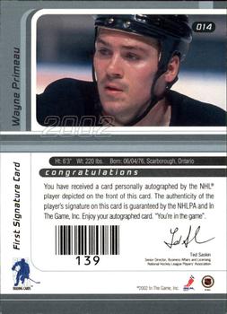 2001-02 Be a Player Signature Series - Autographs #014 Wayne Primeau Back