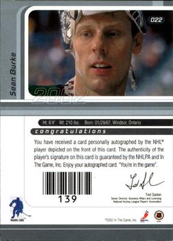 2001-02 Be a Player Signature Series - Autographs #022 Sean Burke Back