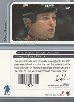 2001-02 Be a Player Signature Series - Autographs #032 Marc Savard Back