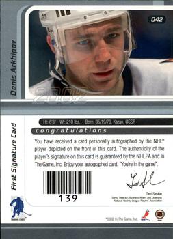2001-02 Be a Player Signature Series - Autographs #042 Denis Arkhipov Back