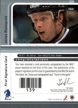 2001-02 Be a Player Signature Series - Autographs #052 Jonas Ronnqvist Back